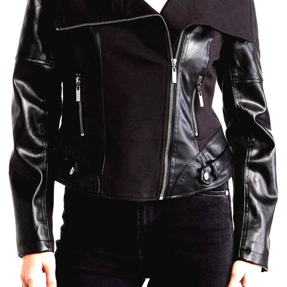 Ookie & Lala Faux Leather Mix Quilt Drape Jacket - Black - L - Picture 2 of 5